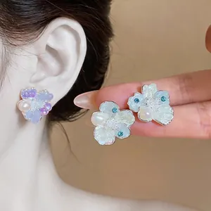 Sweet Floral Stud Earrings With 925 Sterling Silver Post Inlaid Zirconia Artificial Pearl Flower Earrings For Women Elegant Party Jewelry