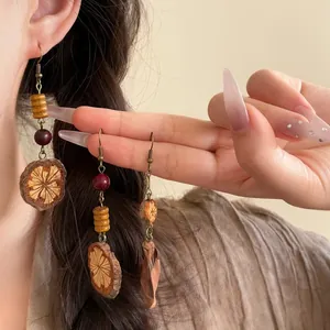 Vintage Ethnic Style Fruit Wood Beaded Tassel Earrings For Women New Chinese Maillard Coffee Brown Handmade Ear Hook Earrings