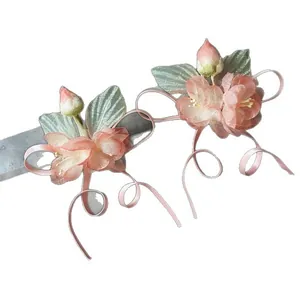 Elegant pink flower hair clips with silk ribbons for traditional Hanfu hair accessories