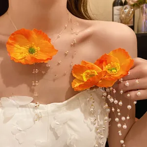 Sweet Yellow Orange Fabric Flower Tassel Necklace Earrings Set Artificial Pearl Beaded Choker For Women Vacation Fashion Jewelry