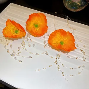 Sweet yellow poppy flower necklace and earrings set with beaded tassels for vacation.