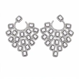 Elegant silver-toned geometric stud earrings with rectangular clear zirconia stones