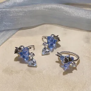 Minimalist grape and heart zircon ear clips and ring set in elegant blue and silver