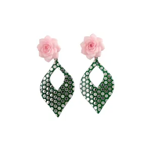 Elegant pink resin flower and green polka dot diamond shaped pendant dangle earrings