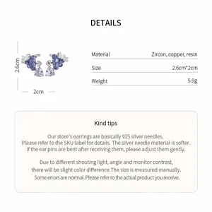 Detailed specs for zircon grape heart ear clips showing material, size, and weight info
