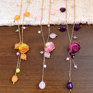 Handmade Resin Preserved Flower Rose Necklace For Women Brass Gold Plated Tassel Box Chain Pastoral Style Fashion Jewelry Gift