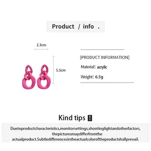 Detailed view of pink acrylic chain link earrings with dimensions and material info