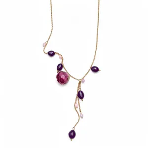 Elegant gold chain tassel necklace with purple beads and magenta resin floral pendant charm
