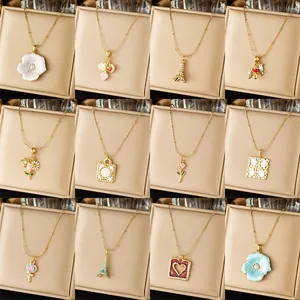 Vergoldete 304 Edelstahl Emaille Anhänger Halskette Für Damen Bunte Blume Herz Eiffelturm Pilz Schlüsselbein Kette Schmuck