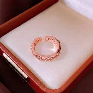 Elegant vintage rose gold geometric open ring with pavé diamonds in a luxury gift box