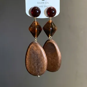 Vintage Maillard style oval wooden drop earrings with S925 silver needles for women