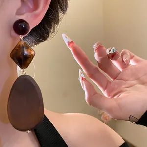 Vintage Maillard style large wooden bead oval drop earrings with silver needle studs