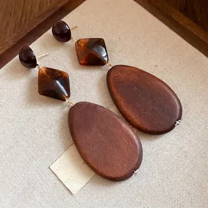 Vintage Maillard style wooden oval drop earrings with geometric resin accents