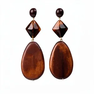 Elegant vintage wood and resin oval drop earrings in warm Maillard brown tones