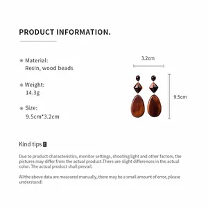 Close-up detail of vintage Maillard style brown resin and wood bead oval dangle earrings