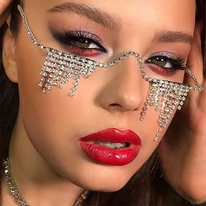 Half Frame Glasses Frame With Tassel Zirconia Inlay Copper Fashion Accessory For Women Party Decorative No Lens