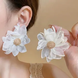 French Vintage White Chiffon Flower Stud Earrings Featuring Raffia Handwoven Center And 925 Sterling Silver Earring Post For Women