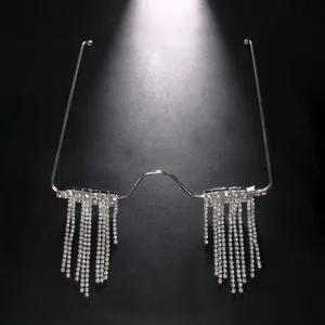 Detail view of silver half-rim glasses frame with sparkling rhinestone fringe
