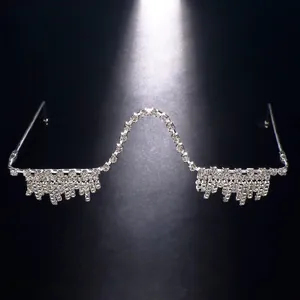 Trendy rhinestone tassel half-frame eyewear accessory in silver with dangling crystals