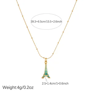 Vergoldete Edelstahlkette mit blauem Eiffelturm-Anhänger, Gewicht 4g, Länge verstellbar.