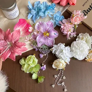 Floral Fabric Hair Clip With Artificial Pearl Tassel Vacation Style Handmade Sweet Duckbill Clip Women Fashion Hair Jewelry