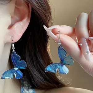 Blue Resin Butterfly Stud Earrings With 925 Sterling Silver Earring Post Gradient Glitter Clip On Earrings For Women Jewelry