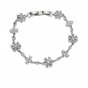Exquisite silver vintage flower and cross zirconia charm bracelet with secure buckle