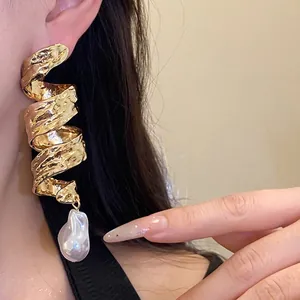 Vintage gold spiral twisted earrings with baroque pearl drop for elegant women palace style
