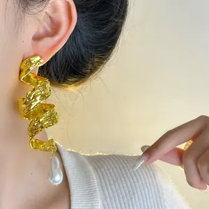 Vintage spiral geometric baroque pearl long drop earrings for women detail view