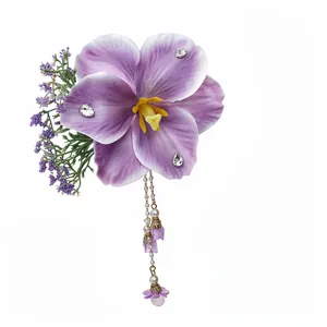 Exquisite purple fabric flower hair clip with elegant pearl tassels and crystal accents
