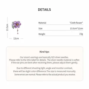 Purple fabric flower hair clip details showing 13.5x12cm size and weight parameters