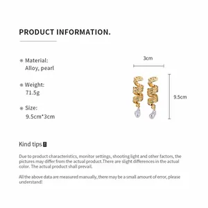 Detailed size and material specifications for retro gold twisted spiral pearl earrings