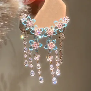 Lussuosi Orecchini a Nappina Lunghi con Fiori e Goccia d'Acqua per Donna Oro Blu Rosa Zirconia Gioielli con Perno in Argento