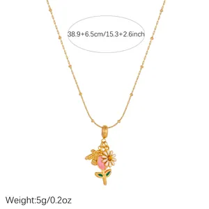 Vergoldete Edelstahlkette mit Emaille-Blumen- und Bienenanhängern inklusive Größenangaben