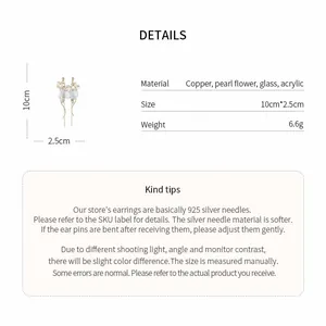 Detailed view of floral tassel earrings with dimensions and material specifications