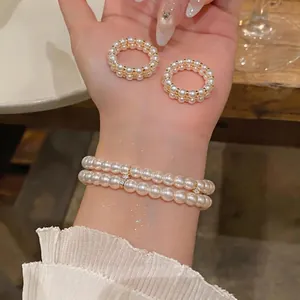 18K Gold Plated Double Layer Artificial Pearl Bracelet Copper Zirconia Inlaid French Palace Style Ring Jewelry For Women