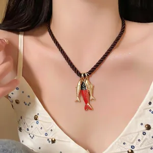 Vintage Alloy Enamel Gold Fish Pendant Necklace With Brown Braided Rope For Women Fashion Marine Conch Shell Artificial Pearl Choker Accessory
