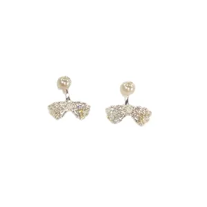 Elegant French bow stud earrings with white pearls and shimmering crystals for women