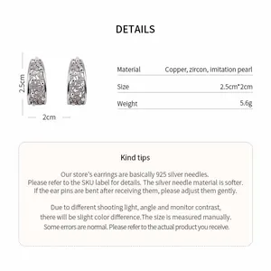 Detailed size and material specifications for elegant hollow floral C-shaped pearl earrings