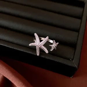 Luxury Copper Zirconia Starfish Open Ring For Women Simple Fashion Inlaid Rhinestone Adjustable Finger Ring Jewelry