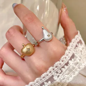 Bague Ouverte Réglable en Cuivre Brossé à la Mode Forme de Pomme Dorée Poire Argentée avec Zirconia pour Femme Bijoux