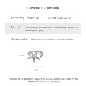Detailed dimensions and material information of the sparkling zircon starfish open ring