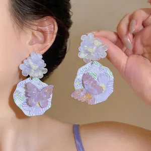 Orecchini a Bottone a Forma di Fiore e Farfalla in Resina Con Perno in Argento Sterling 925 Gioielli Eleganti Viola per Donna Stile Coreano