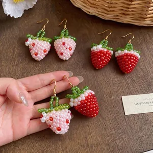 Handmade pink and red strawberry beaded drop earrings with gold hooks