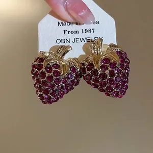 Vintage style strawberry stud earrings with sparkling rhinestones in a gold finish