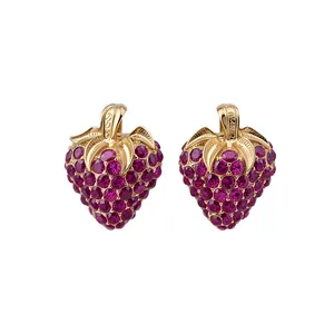 Elegant gold-tone strawberry stud earrings with sparkling magenta crystals silver needle