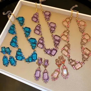 Vintage Legering Strass Geometrisch Vierkant Ketting En Oorbellen Sieradenset Luxe Koninklijke Sleutelbeen Ketting Vrouwen