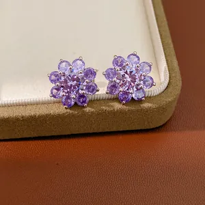 Elegant purple zircon flower ear clips for women with a light luxury design