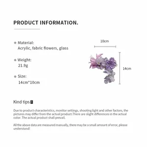 Gedetailleerde maat- en materiaalspecificaties voor de paarse bloemen haarspeld.