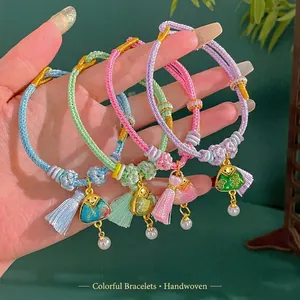 Handmade Woven Colorful Rope Bracelet Women Ethnic Style Triangle Charm with Artificial Pearl and Tassel Jewelry Gift